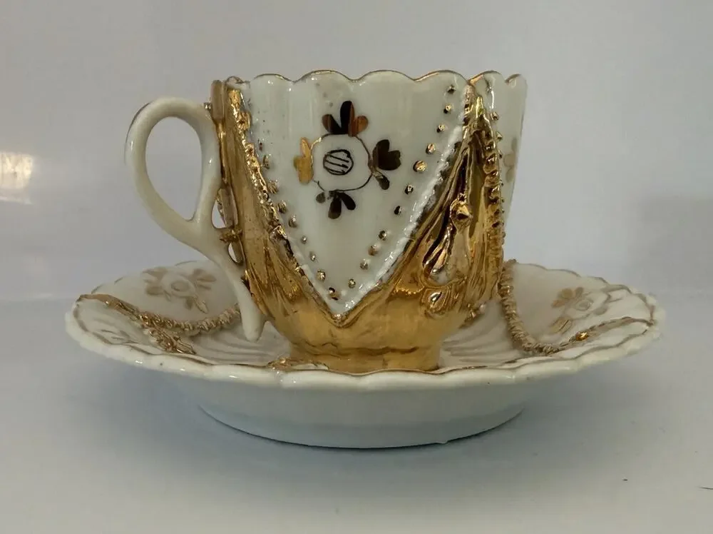 Antique German Gold Flower Design Small Tea Cup and Saucer 2.5x2.25” Germany
